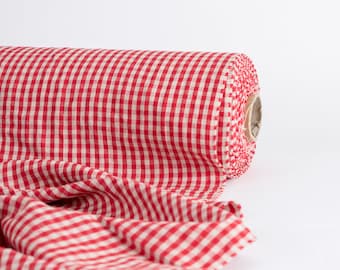 Red & Natural Mini Check Linen Fabric, 220 gsm, By The Meter