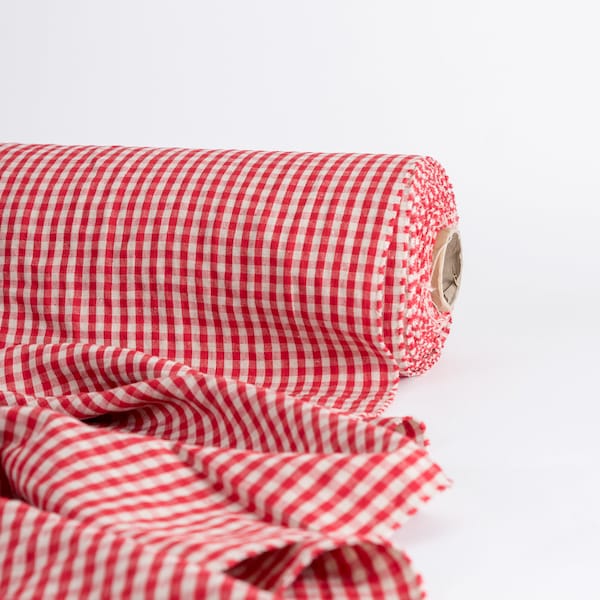 Red & natural linen fabric with mini check pattern. Linen fabric with check pattern. Washed linen flax by meter. Linen fabric 220 gsm