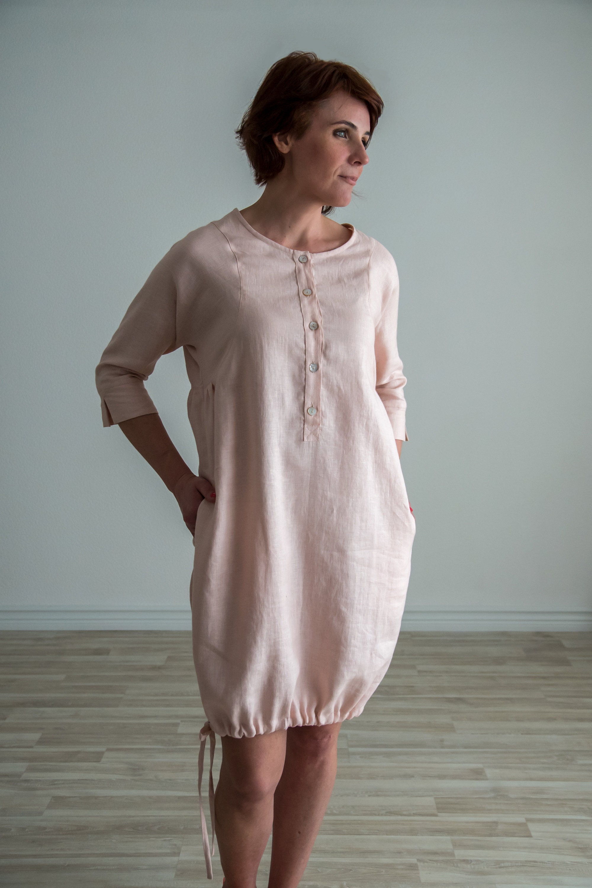Abito Donna Maniche 3/4 Con Bottoni - Top Svasato Scollo Rotondo, Taglie Forti, Vino (Taglia 22-24)