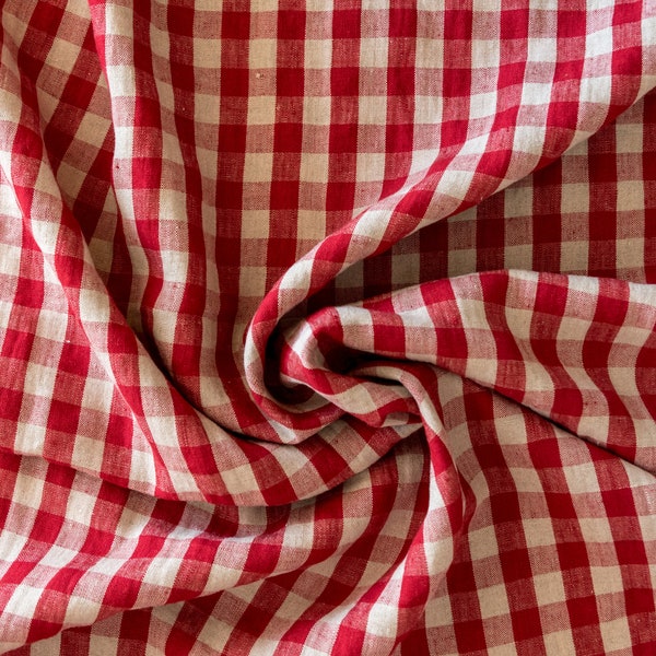 Vichy red & natural linen fabric with gingham pattern. Linen fabric with check pattern. Washed linen flax by meter. Linen fabric 220 gsm