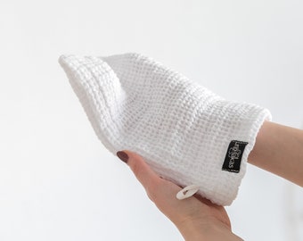 Linen waffle spa glove for face or body, hypoallergenic linen washcloth, linen shower mitten