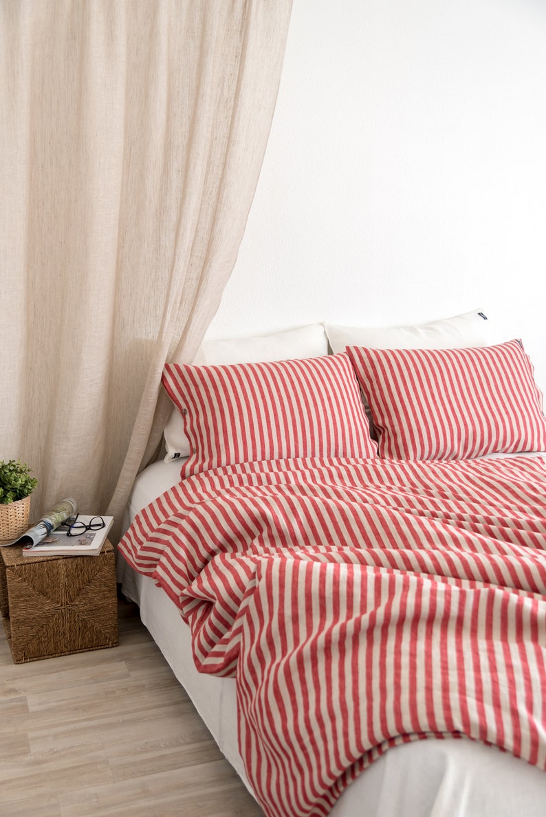 Red Striped Linen BEDDING SET From 108 In 100 Linen. King Etsy