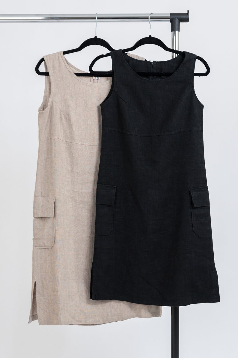 Sleeveless, knee-length linen dress with side pockets zdjęcie 3