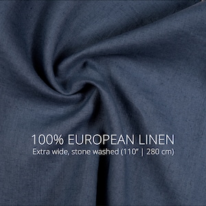 Extra wide 100% linen fabric in denim blue. 110&quot; / 280 cm washed linen fabric