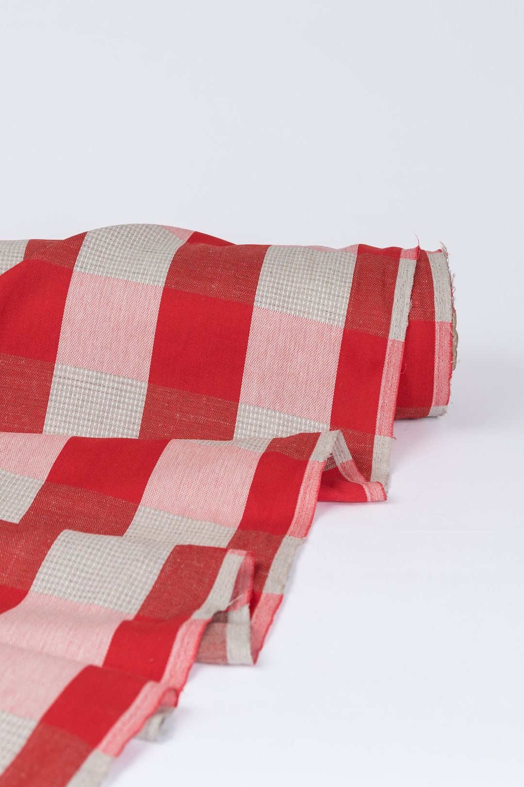 Red Linen Cotton Blend Fabric With Check Pattern. Jacquard Weave Linen