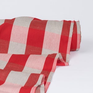 Red linen cotton blend fabric with check pattern. Jacquard weave linen fabric by meter. Measured to cut fabric