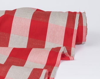 Red linen cotton blend fabric with check pattern. Jacquard weave linen fabric by meter. Measured to cut fabric