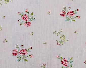 Linen fabric with small rose pattern. Not softened linen fabric by meter in natural or white colour. Measured to cut fabric