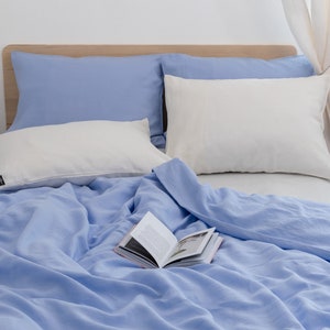 Light blue linen bedding set, 100% washed linen duvet cover with pillowcases.