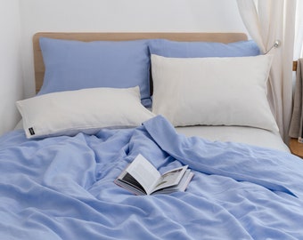 Light blue linen bedding set, 100% washed linen duvet cover with pillowcases.