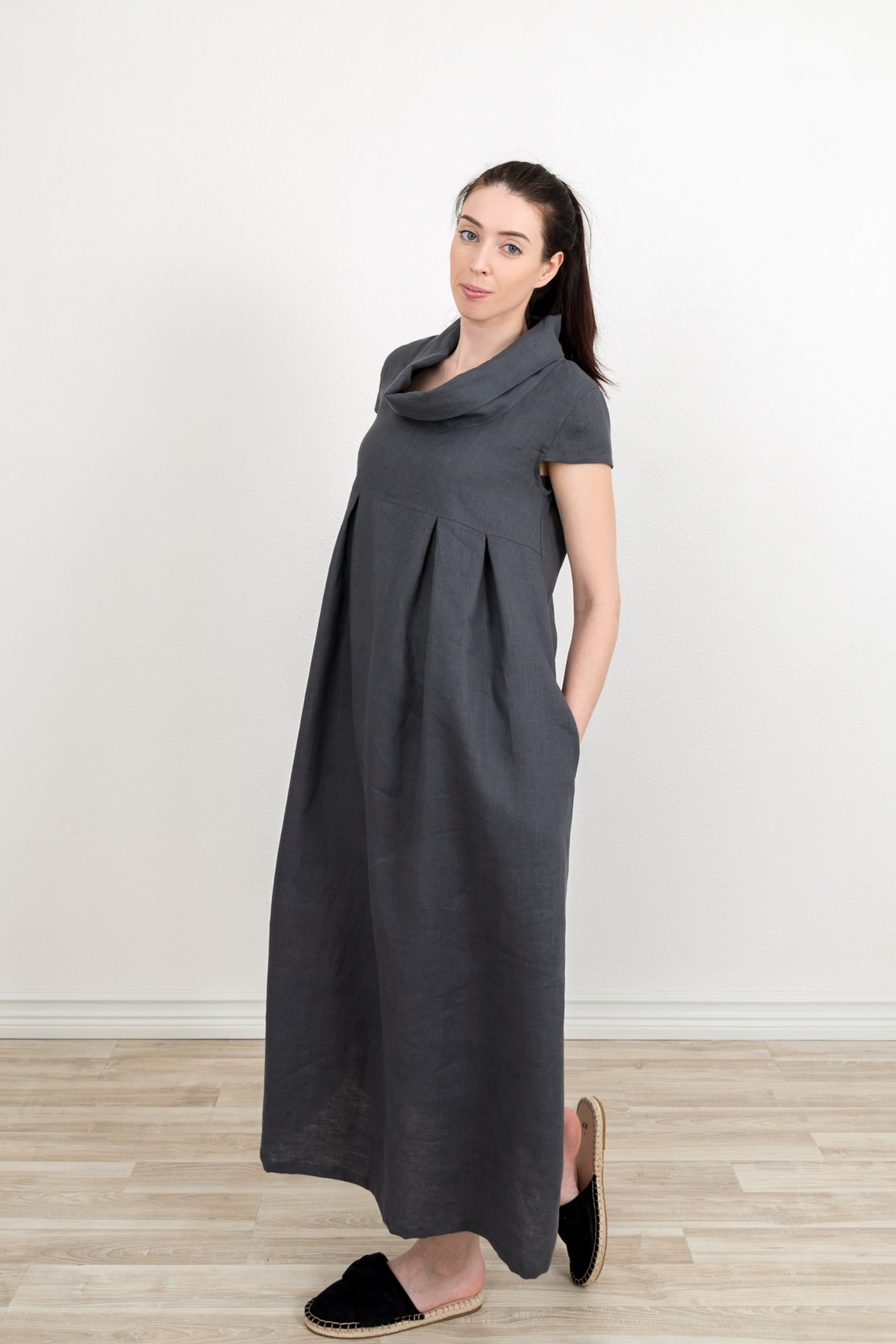 Linen Btn Cowl Neck Dress main image 0