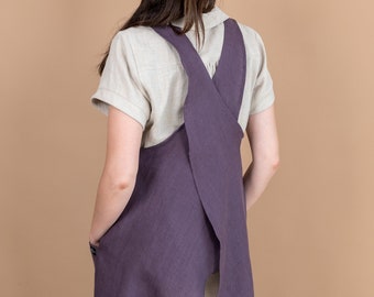 Linen cross back / Japanese style apron with side pockets in many colors