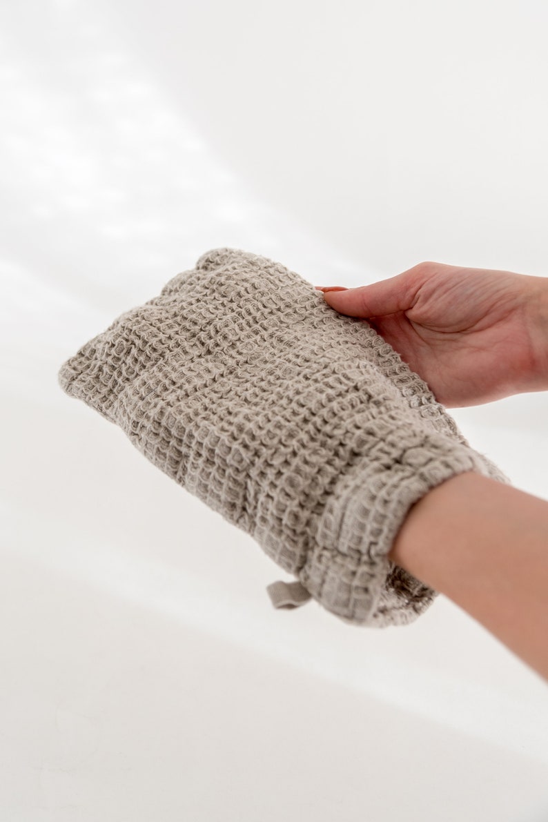 Linen waffle spa glove for face or body, hypoallergenic linen washcloth, linen shower mitten image 7