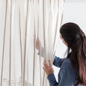 Sheer striped linen curtain panel with rod pocket
