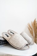 Jacquard linen blend open-toe indoor or bath slippers. Lightweight hotel, travel, disposable guest slippers product logo