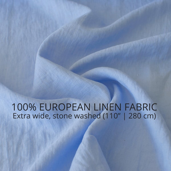 Extra wide 100% linen fabric in baby blue. 110" / 280 cm washed linen fabric