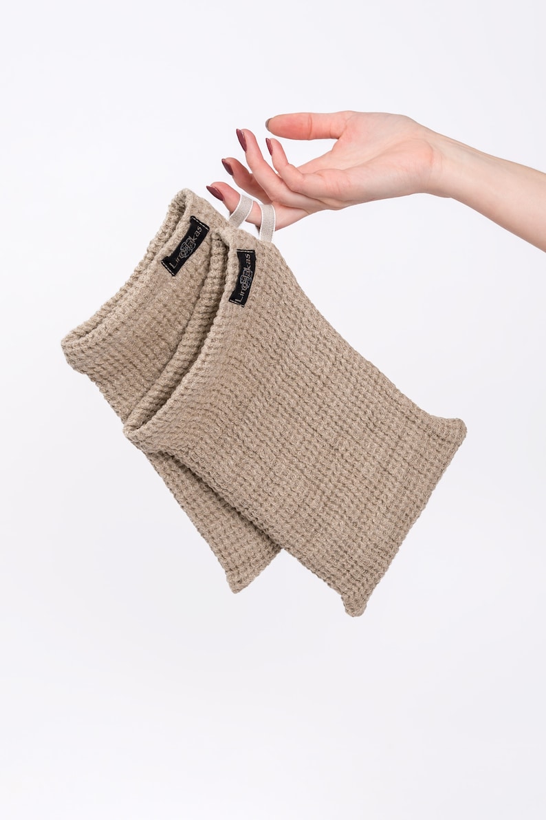 Linen waffle spa glove for face or body, hypoallergenic linen washcloth, linen shower mitten image 1