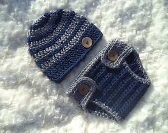 Crochet Baby boy outfit, Newborn Boy Photo Prop, Baby shower gift, Baby boy beanie hat, crochet diaper cover, navy, grey