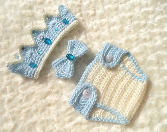 Crochet Baby King  Crown, Crochet Diaper Cover Set, Crochet Prince Outfit,  Baby Shower Gift, Newborn Photo Prop, Newborn Photo Outfit,Blue