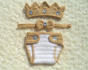 Crochet Baby King Crown, Crochet Prince Outfit, Baby Shower Gift, Newborn King Set, Cadeau de Noël pour bébé, Blanc, Or