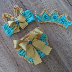 Princess Jasmine Diaper Cover Set, Crochet Princess Set, Newborn Girl Photo Prop, Coming Home Outfit, Blue, Gold