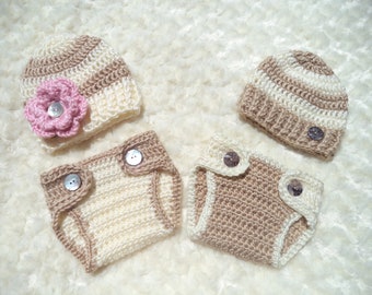 Tenue pour bébé fille jumelle au crochet, accessoire photo pour lits jumeaux, cadeau de shower de bébé pour lits jumeaux, tenue pour garçons jumeaux, tenue pour filles jumelles, blanc cassé, beige