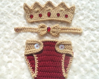 Crochet bebé rey corona, conjunto de cubierta de pañal de ganchillo, traje de príncipe de ganchillo, traje de rey bebé, regalo de ducha de bebé, recién nacido de la foto Prop, rojo, oro