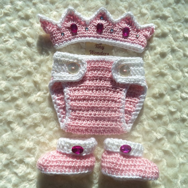 Crochet Baby Princess Crown, Crochet Baby Girl Outfit, Crochet Princess Outfit,  Baby Girl Shower Gift, Newborn Photo Prop, Pink, White