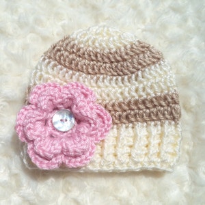 Crochet baby hat, Baby girl beanie, Newborn photo prop, Baby shower gift, Baby girl hospital outfit, Coming home outfit, White, Beige, Pink
