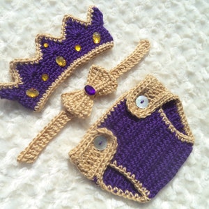 Crochet Baby King  Crown, Crochet Diaper Cover Set, Crochet Prince Outfit,  Baby Shower Gift, Newborn Photo Prop, Purple, Gold