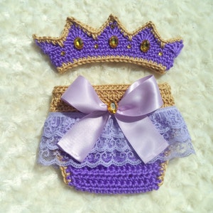 Purple-Gold Crochet Baby Princess Crown, Crochet Baby Girl Outfit, Crochet Princess Outfit,  Baby Girl Shower Gift, Newborn Girl Photo Prop