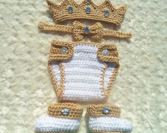 Corona de rey de crochet para bebé, traje de príncipe de crochet, regalo de baby shower, conjunto de rey recién nacido, regalo de Navidad para bebé, blanco, dorado