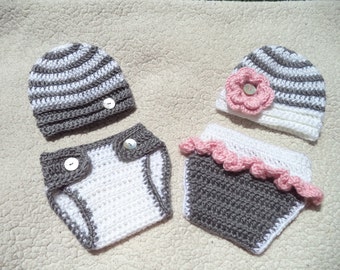 Au crochet tenue Twin, Twin Photo Prop, Twin Baby Shower Gift, Twin garçon tenue, tenue de fille Twin, gris, blanc, rose tendre