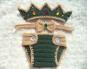 Couronne de roi pour bébé au crochet, ensemble couvre-couche au crochet, tenue de prince au crochet, cadeau de baby shower, ensemble nouveau-né, déguisement d'Halloween, vert, or