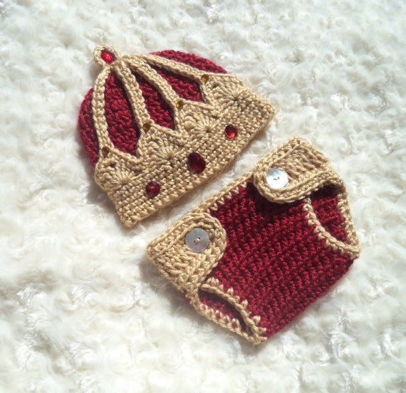 Crochet Baby King  Crown Hat, Crochet Diaper Cover Set, Crochet Prince Crown Hat, Baby Shower Gift, Newborn Photo Prop, Halloween Costume