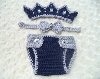 Crochet Baby King  Crown Hat, Diaper Cover Set, Crochet Prince Outfit,  Baby Shower Gift, Newborn Photo Prop, Baby Boy Outfit, Navy, Grey