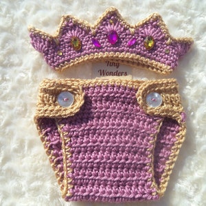 Crochet Baby Princess Crown, Crochet Baby Girl Outfit, Crochet Princess Outfit, Baby Girl Shower Gift, Newborn Photo Prop, Pink, Gold