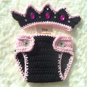 Pink-Black Crochet Baby Princess Crown, Crochet Baby Girl Outfit, Crochet Princess Outfit,  Baby Girl Shower Gift, Newborn Girl Photo Prop