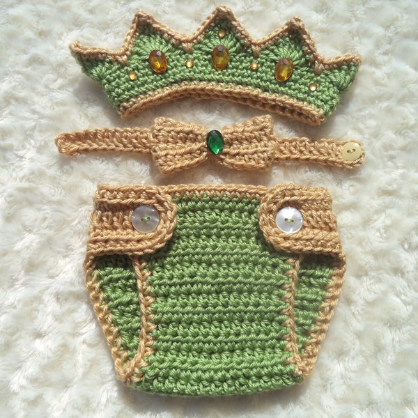 Crochet Baby King Crown, Crochet Diaper Cover Set, Crochet Prince Outfit, Baby Shower Gift, Newborn Kind Set, Costume, Green,Gold