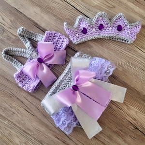 Crochet Baby Princess Crown, Crochet Baby Girl Outfit, Crochet Princess Outfit,Baby Girl Shower Gift, Newborn Girl Photo Prop, Lilac, Gray