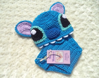 Crochet Stitch Diaper Cover Set,Lilo & Stitch inspired Hat, Newborn Photo Prop, Halloween  Baby Outfit, Newborn Photo Prop,Baby Costume
