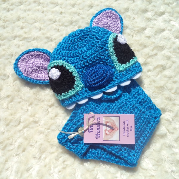 Crochet Stitch Diaper Cover Set,Lilo & Stitch inspired Hat, Newborn Photo Prop, Halloween  Baby Outfit, Newborn Photo Prop,Baby Costume