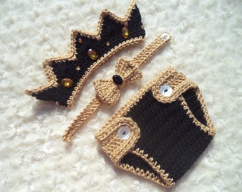 Conjunto de bebé de ganchillo, conjunto de niño recién nacido, conjunto de príncipe de ganchillo, regalo de Navidad para bebé, regalo de baby shower, negro, dorado