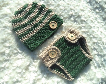 Crochet Baby boy outfit, Newborn Boy Photo Prop, Baby shower gift, Baby boy beanie hat, crochet diaper cover, military green, beige