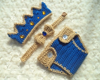 Corona de rey para bebé, conjunto de crochet para bebé niño, conjunto de crochet para príncipe, regalo para baby shower, accesorio para fotos de recién nacidos, regalo de Navidad, azul