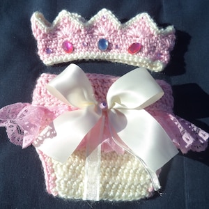 Crochet Princess Crown set, Crochet Princess Baby outfit,Newborn Girl Photo Prop, Baby Girl outfit, Baby Girl Shower Gift, Pink, Ivory