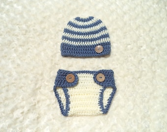 Blue Crochet Baby boy outfit, Newborn Boy Photo Prop, Baby shower gift, Baby boy beanie hat, crochet diaper cover, blue