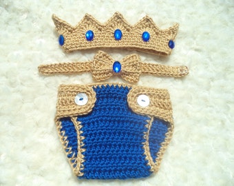 Crochet Baby King  Crown, Diaper Cover Set, Crochet Prince Outfit,  Baby Shower Gift, Newborn Photo Prop, Blue, Gold, Newborn boy outfit