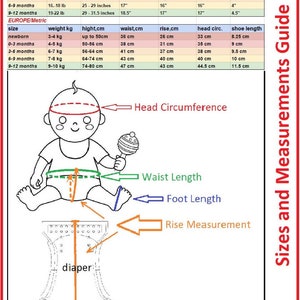 Puede incluir: Un gr&aacute;fico que muestra las tallas y medidas de los beb&eacute;s en pulgadas y cent&iacute;metros. El gr&aacute;fico incluye medidas de peso, altura, cintura, tiro, circunferencia de la cabeza y longitud del zapato. El gr&aacute;fico est&aacute; dividido en dos secciones: US/Imperial y Europa/M&eacute;trico. El gr&aacute;fico est&aacute; ilustrado con un beb&eacute; de dibujos animados que lleva un pa&ntilde;al.