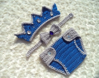 Crochet Baby King  Crown, Crochet Diaper Cover Set, Crochet Prince Outfit,  Baby Shower Gift, Newborn Boy Photo Prop, Halloween Costume,Blue